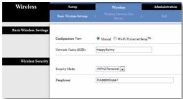 Wireless Setup Wireless Administration Basic Wireless Settings Wireless Basic Wireless Settings Configuration View: Manual ○ Wi-Fi Protected Swap™ Network Name (SDD): HappyBattery Wireless Security Security Mode: WiFi2 Personal Penphrase: TriAbbitOut47
