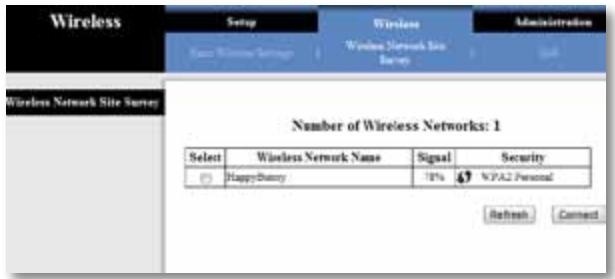 Wireless Setup Wireless Administration Wireless Network Site Survey Number of Wireless Networks: 1 Select Wireless Network Name Signal Security HappyBunny 78% VPA2 Personal Refresh Connect