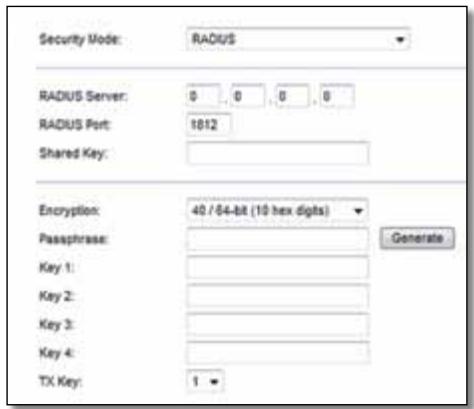 Security Mode: RADIUS RADIUS Server: 0 0 0 0 RADIUS Port: 1012 Shared Key: Encryption: 40 / 54-bit (10 hex digits) Passphrase: Key 1: Key 2: Key 3: Key 4: TX Key: 1 Generate