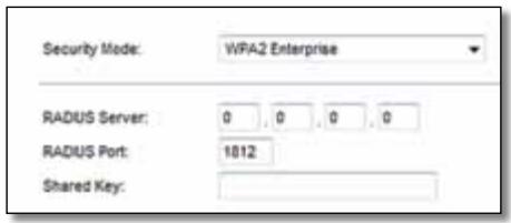 Security Mode: WPA2 Enterprise RADIUS Server: 0 0 0 0 RADIUS Port: 1812 Shared Key: