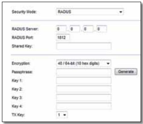 Security Mode: RADIUS RADIUS Server: 0 0 0 0 RADIUS Port: 1012 Shared Key: Encryption: 40 / 64-bit (10 hex digits) Passphrase: Key 1: Key 2: Key 3: Key 4: TX Key: 1 Generate
