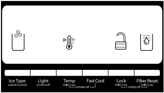 Ice Type cubed/crushed Light on/dim/off Temp hold 3 sec icemaker off Fast Cool Lock hold 3 sec cooling off Filter Reset