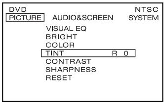 DVD PICTURE AUDIO&SCREEN NTSC SYSTEM VISUAL EQ BRIGHT COLOR TINT R 0 CONTRAST SHARPNESS RESET