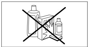 Diagram showing crossed-out plastic containers with a box and bottles, indicating no chemical or material classification.
