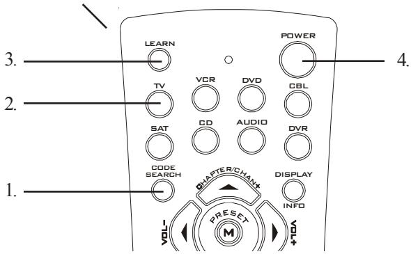 3. 2. 1. LEARN POWER TV VCR DVD CBL SAT CD AUDIO DVR CODE SEARCH CHAPTER/CHANT+ DISPLAY VOL PRESET M INFO 4.
