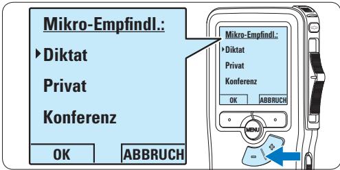 PHILIPS LFH9398 - Mikrofonempfindlichkeit einstellen Stellen Sie die Mikrofonempfindlichkeit Ihrem Umfeld und Ihrem Diktierverhalten entsprechend ein. - 4