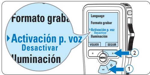 Formato graba Activación p. voz Desactivar luminación Language Formato grabar Activación p. voz Desactivar luminación VOLVER SEGUIR 1 2