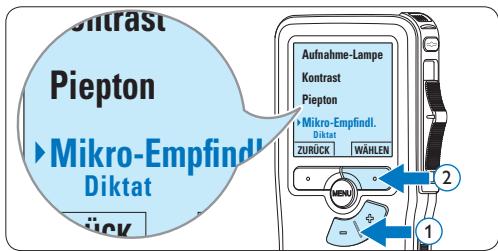 PHILIPS LFH9398 - Mikrofonempfindlichkeit einstellen Stellen Sie die Mikrofonempfindlichkeit Ihrem Umfeld und Ihrem Diktierverhalten entsprechend ein. - 3