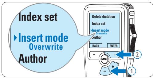Index set Insert mode Overwrite Author Delete dictation Index set Insert mode Overwrite Author BACK ENTER MENU 1 2