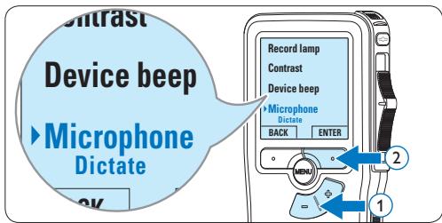 Contrast Device beep ▶ Microphone Dictate Record lamp Contrast Device beep ▶ Microphone Dictate BACK ENTER 1 2