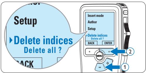 Setup Delete indices Delete all ? BACK Insert mode Author Setup Delete indices Delete all ? BACK ENTER MENU 1 2