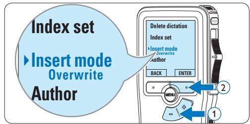 Index set Insert mode Overwrite Author Delete dictation Index set Insert mode Overwrite Author BACK ENTER MENU 1 2