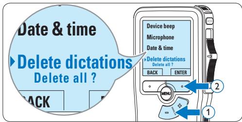 Date & time Delete dictations Delete all ? BACK Device beep Microphone Date & time Delete dictations Delete all ? BACK ENTER 1 2