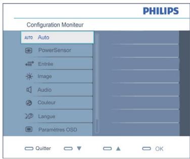 PHILIPS Configuration Moniteur Auto Auto PowerSensor Entrée Image Audio Couleur Langue Paramètres OSD Quitter OK