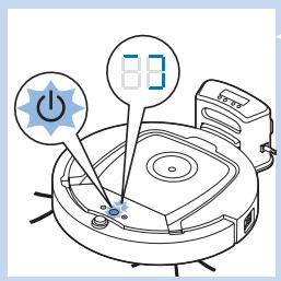 Diagram of a robotic vacuum cleaner with power button and timer, showing status indicators