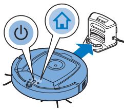 Diagram showing a robotic device with power and home icons, connected to a computer monitor, indicating a system or application.