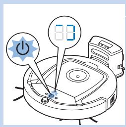 Diagram of a robotic vacuum cleaner with power button and display screen showing 83