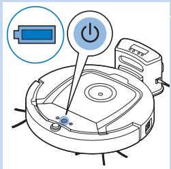 Diagram of a robotic vacuum cleaner with battery icon and power button, showing control panel and battery casing