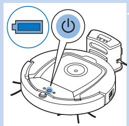 Diagram of a robotic vacuum cleaner with labeled power button and battery icon