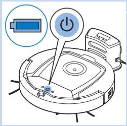 Diagram of a robotic vacuum cleaner with labeled power button and battery icon