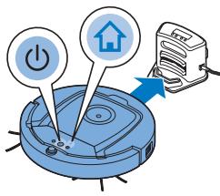 Diagram showing a robot with power and home icons interacting with a device, indicating control or operation.