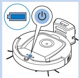Diagram of a robotic vacuum cleaner with battery icon and power button, showing mechanical components and control buttons