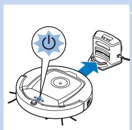 Diagram showing a robotic vacuum cleaner with power button and directional arrow indicating action