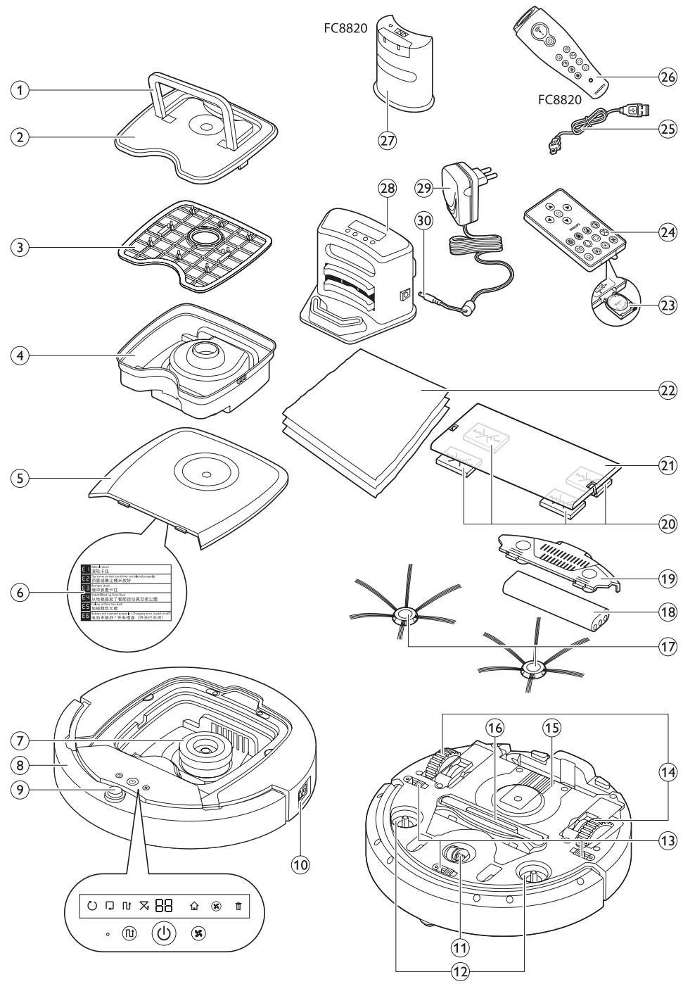 Exploded diagram of a robotic vacuum cleaner with numbered parts and labeled components