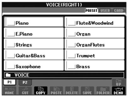SONY CVP305 - Exemple dans le cas de l'écran PRESET Voice Selection - 4