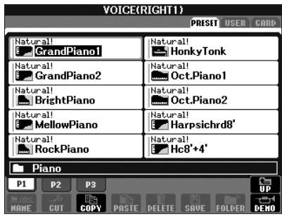 SONY CVP305 - Exemple dans le cas de l'écran PRESET Voice Selection - 1