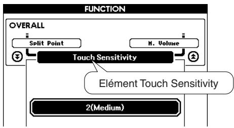 SONY DGX505 - Maintenez la touche [TOUCH] enfoncée pendant plus d'une seconde pour faire apparaître l'élément Touch Sensitivity (Sensibilité au toucher) de l'écran FUNCTION. - 2