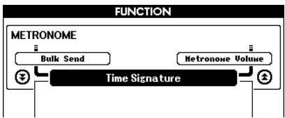 SONY DGX505 - Maintenez la touche [METRONOME] enfoncée pendant plus d'une seconde pour faire apparaître l'élément Time Signature (Type de mesure) de l'écran FUNCTION. - 2