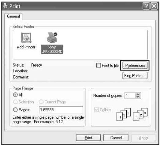 SONY LPR-1000MD - Displaying the Print Preferences Dialog Box from a Software Application - 2