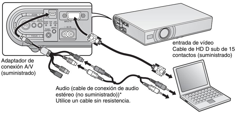 Adaptador de conexión A/V (suministrado) Audio (cable de conexión de audio estéreo (no suministrado))* Utilice un cable sin resistencia. INPUT A - AC IN - ZOOM + FOCUS + POMEOS TURF LAMI PUSH ENTER MENU - ZOOM + OUTPUT FOCUS entrada de vídeo Cable de HD D sub de 15 contactos (suministrado) Laptop