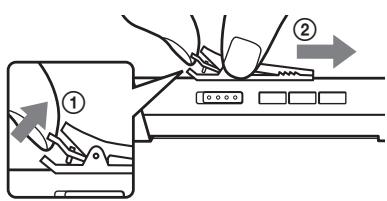 Diagram illustrating a procedure on a device with labeled steps and directional arrows indicating action or movement.