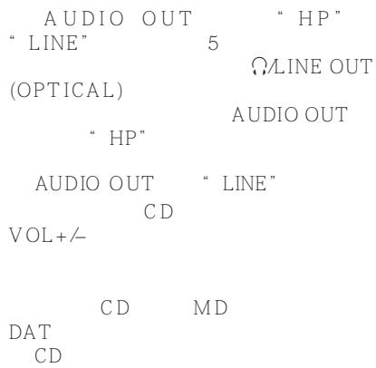 AUDIO OUT "HP" "LINE" 5 (OPTICAL) ONLINE OUT "HP" AUDIO OUT AUDIO OUT "LINE" CD VOL+/- CD MD DAT CD