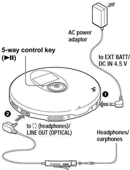 5-way control key (▶II) AC power adaptor to EXT BATT/ DC IN 4.5 V ① ② to ○ (headphones)/ LINE OUT (OPTICAL) Headphones/ earphones