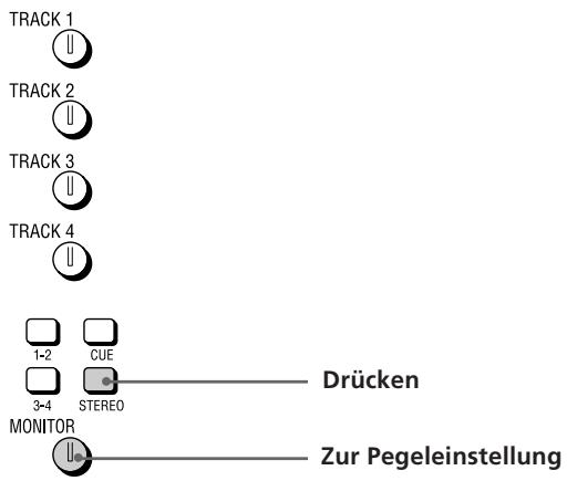 TRACK 1 TRACK 2 TRACK 3 TRACK 4 1-2 CUE 3-4 STEREO DRücken MONITOR Zur Pegeleinstellung