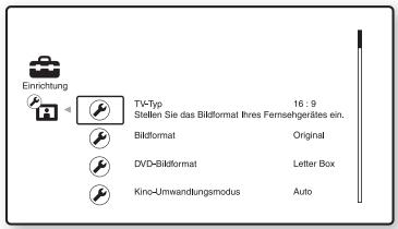 SONY BDV-F700 - Wählen Sie mit ↑/↓ das Symbol für die Setup-Kategorie aus, in der Sie eine Änderung vornehmen wollen, und drücken Sie ⊕. - 1