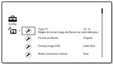SONY BDV-F700 - Appuyez sur ↑/↓ pour sélectionner l'icône de la catégorie de réglages, puis appuyez sur ⊕. - 1
