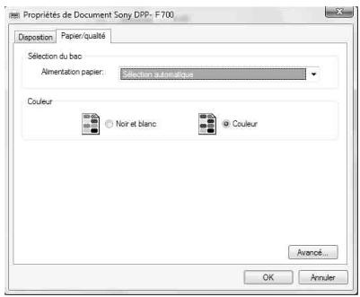 SONY DPP-F700 - Sur l'onglet «Papier/qualité», spécifie la couleur ou la source de papier. - 1