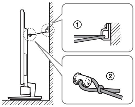 SONY HT-CT350 - Assicurare il dispositivo di fissaggio alla parete (①), quando far passare la corda o la catena atraverso i fori delle viti di fissaggio e del dispositivo di fissaggio (②). Legare saldamente tra loro le estremità della corda o della catena. - 1