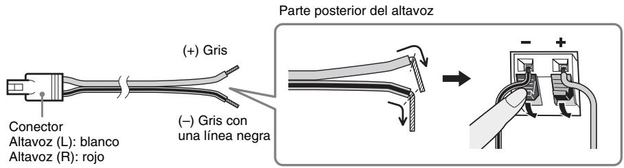 Parte posterior del altavoz (+) Gris (-) Gris con una línea negra Conector Altavoz (L): blanco Altavoz (R): rojo →