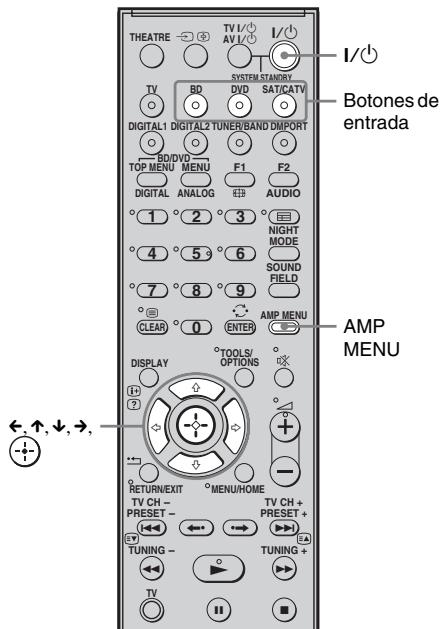 THEATRE TV I/ AV I/ I/ SYSTEM STANDRY BD DVD SAT/CATV DIGITAL1 DIGITAL2 TUNER/BAND DMPORT BD/DVD TOP MENU MENU F1 F2 DIGITAL ANALOG AUDIO 1 2 3 NIGHT MODE 4 5 6 SOUND FIELD 7 8 9 CLEAR 0 ENTER AMP MENU DISPLAY TOOLS/ OPTIONS AMP MENU RETURN/EXIT MENUHOME TV CH - PRESET - TV CH + PRESET + TUNING - TUNING + TV ↑, ↓, →, I/○ Botones de entrada ←, ↑, ↓, →,