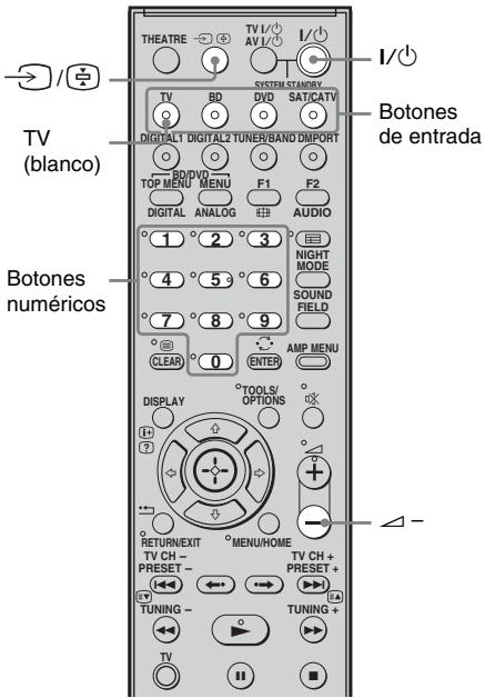 TV (blanco) Botones numéricos THEATRE TV I/ AV I/ SYSTEM STANERY I/ DVD SAT/CATV DIGITAL T DIGITAL2 TUNER/BAND DMPORT BO/DVD TÓP MENU MENU F1 F2 DIGITAL ANALOG AUDIO 1 2 3 4 5 6 7 8 9 CLEAR 0 AMP MENU ENTER DISPLAY TOOLS/ OPTIONS RETURN/EXIT MENUHOME TV CH - PRESET - TV CH + PRESET + TUNING - TUNING + TV II