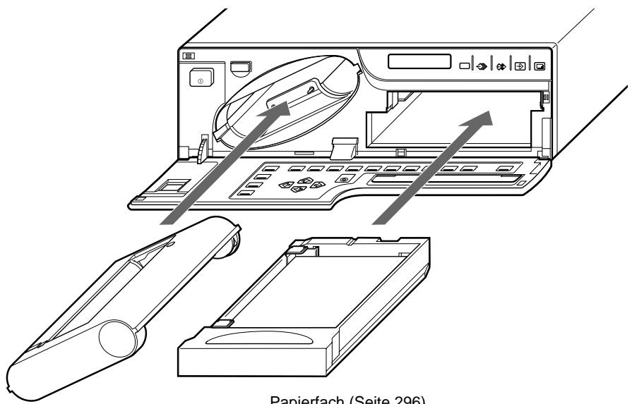 SONY UP-50 - So bringen Sie die Papierfachabdeckung, das Papierfach und die Farbbandkassette an - 1
