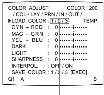SONY UP-50 - Select the LOAD COLOR number of the values to be adjusted or to be modified by pressing the ⇔ or ⇌ button. - 1