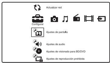 Actualizar red Configurar Ajustes de panta1a Ajustes de audio Ajustes de visionado para BD/DVD Ajustes de reproducción prohibida