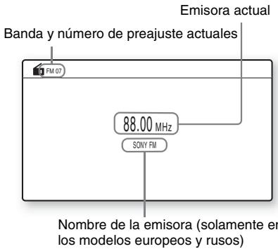 Banda y número de preajuste actuales Emisora actual 88.00 MHz SONY FM Nombre de la emisora (solamente en los modelos europeos y rusos)