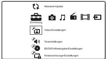 Netzwerk-Update Einrichtung Video-Einstellungen Toneinstellungen BD/DVD-Wiedergabe-Einstellungen Kindersicherungs-Einstellungen